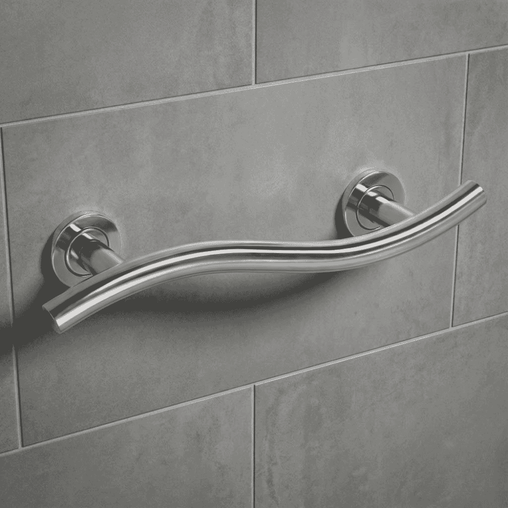 polished stainless steel curved grab rail 19 inch on wall