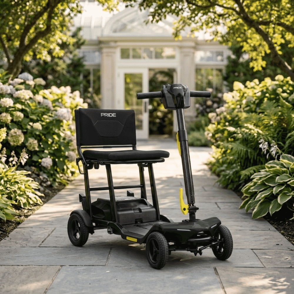 pride gogo super portable folding mobility scooter black lifestyle