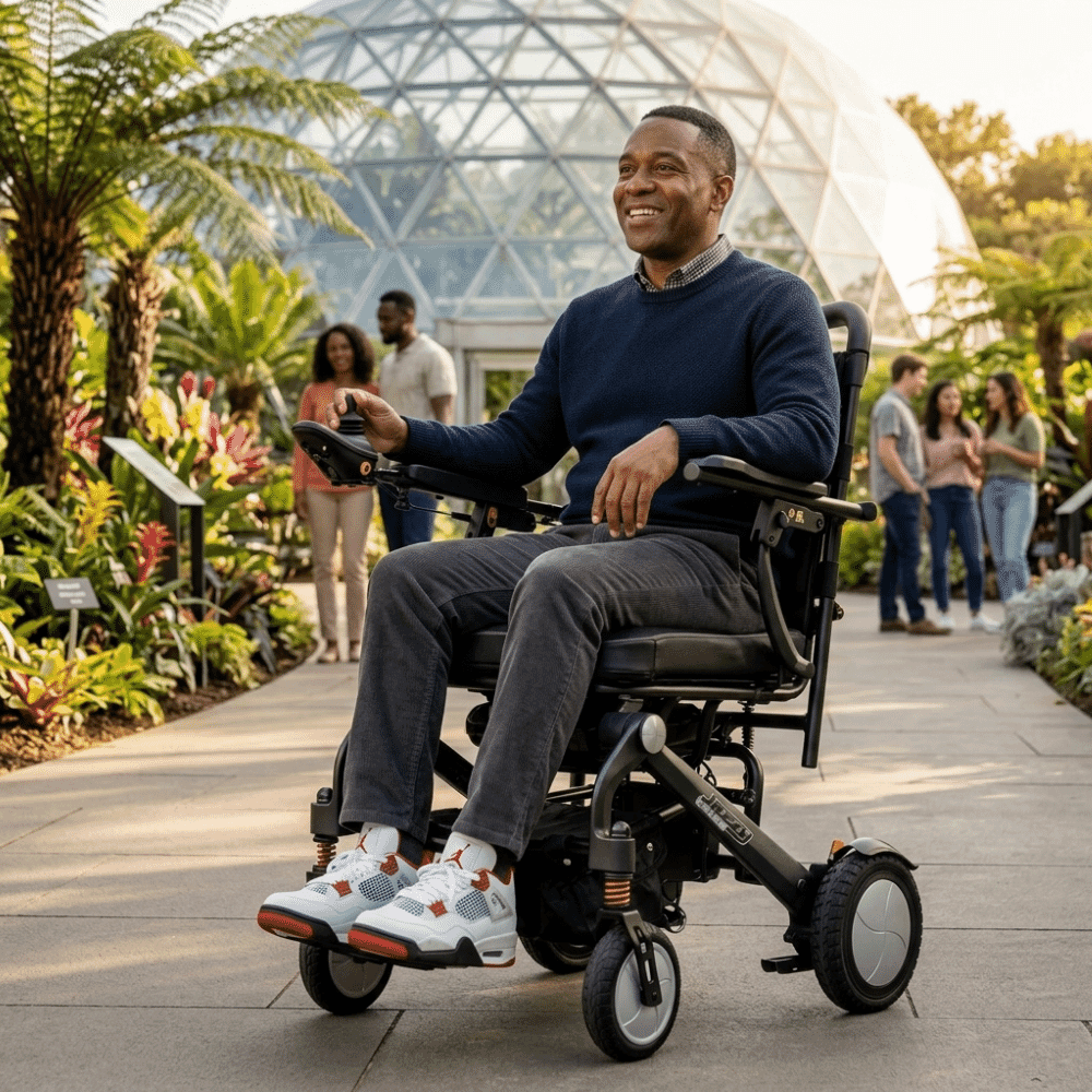 pride jazzy carbon injection folding electric wheelchair in use