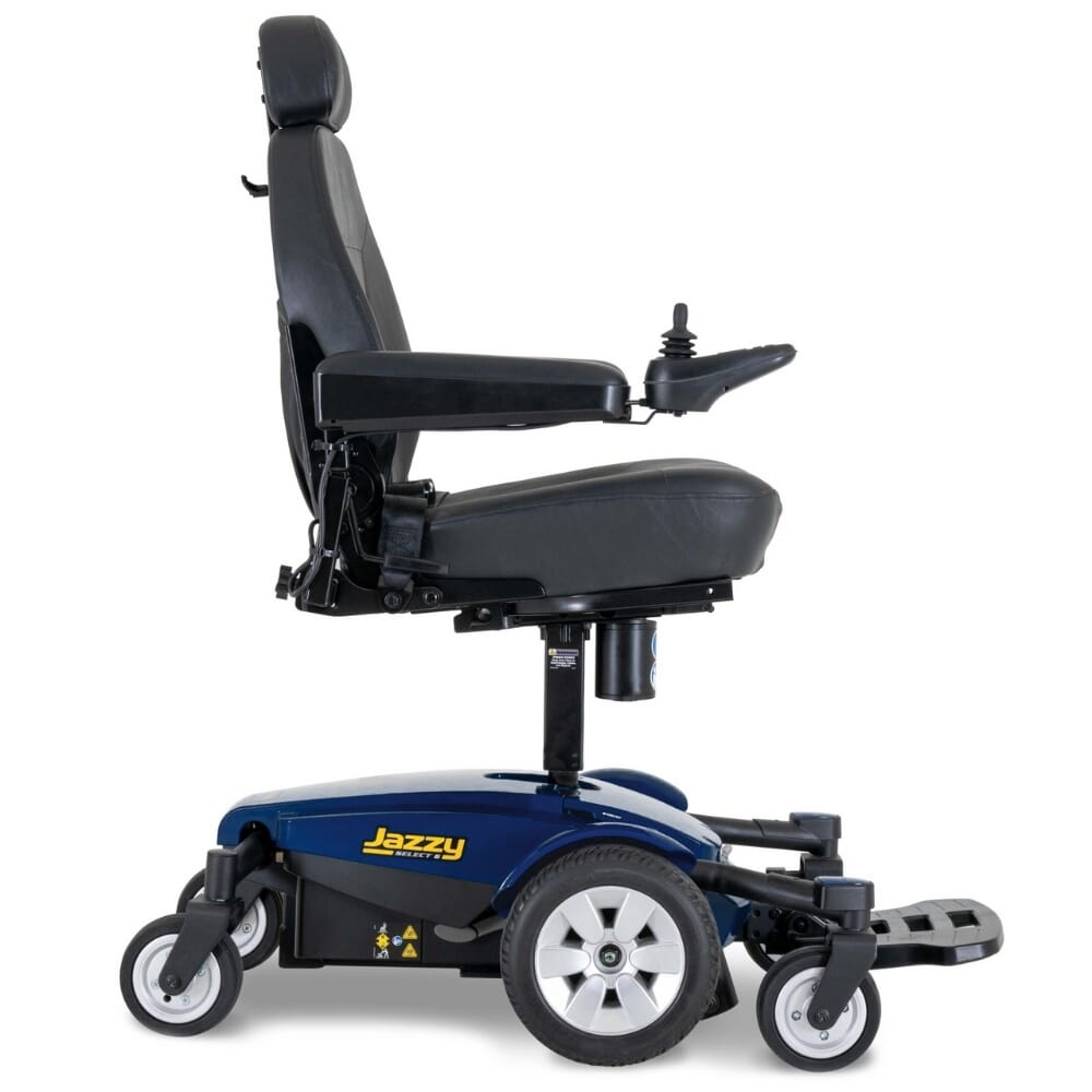 pride jazzy select 6 power wheelchair blue with power seat lift side