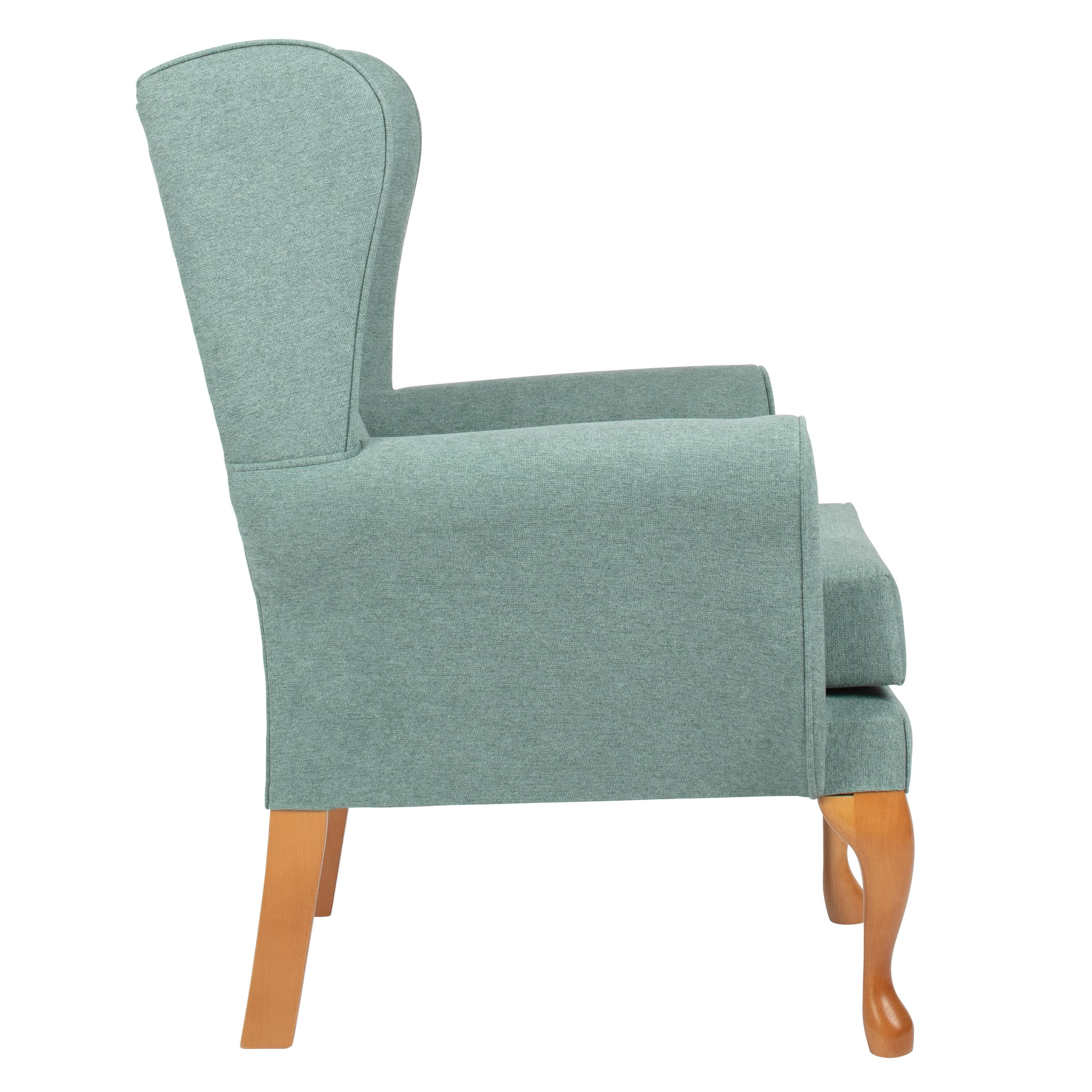 queen anne fireside chair green from side