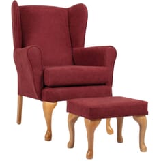 Queen Anne Fireside Chair with Matching Footstool - Deep Red