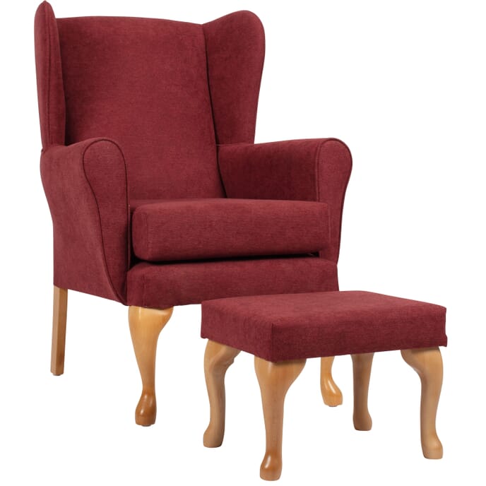 queen anne fireside chair with matching footstool deep red