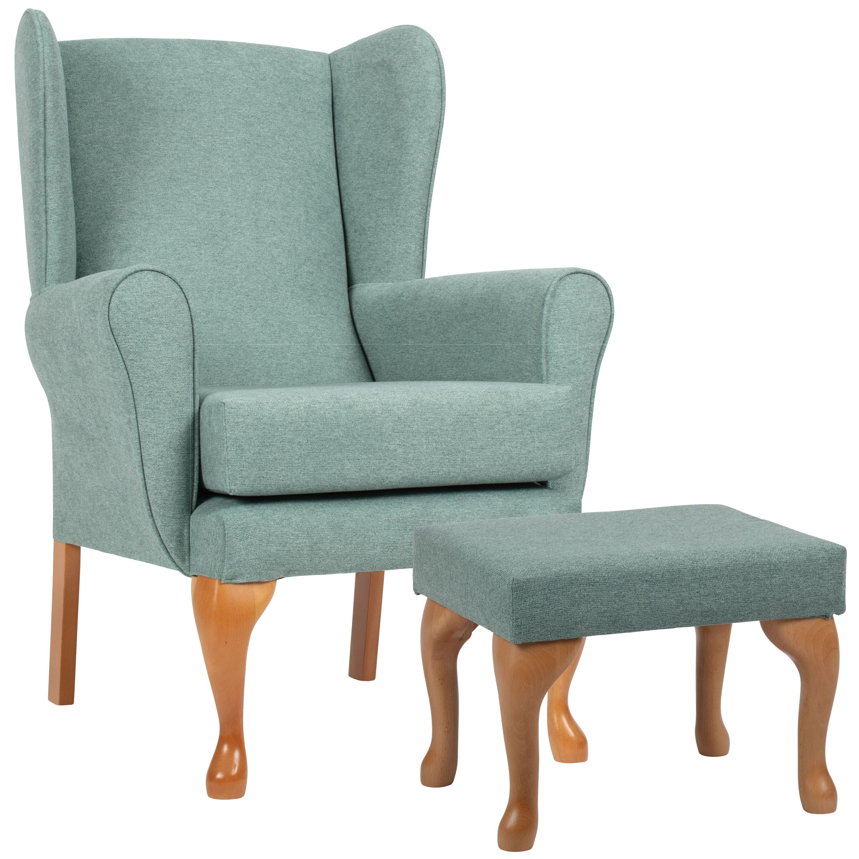 Queen Anne Fireside Chair with Matching Footstool - Green - Dark Cream ...