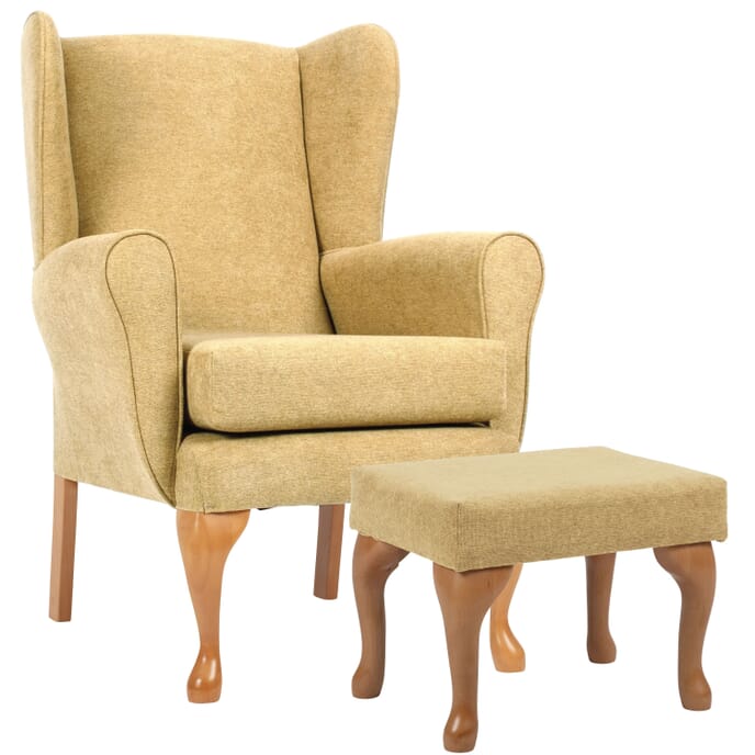 queen anne fireside chair with matching footstool pale gold