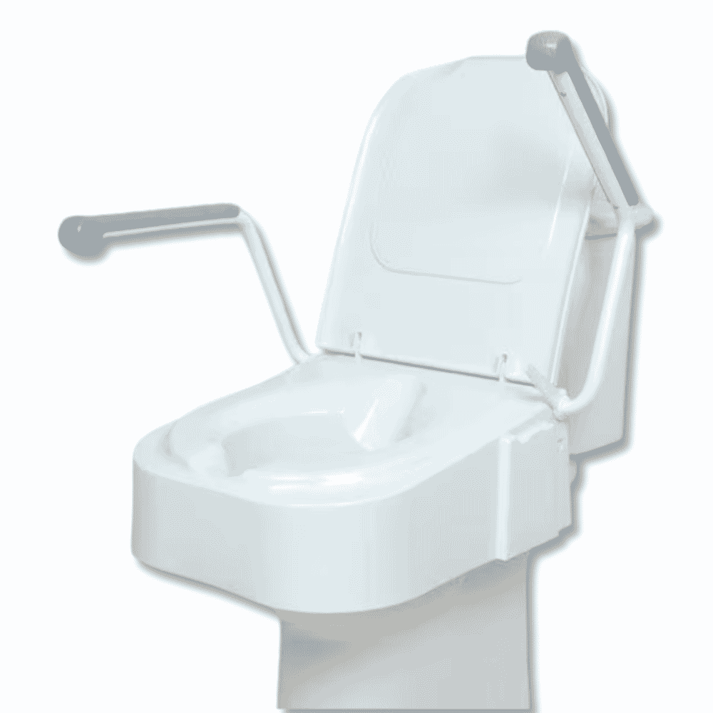 raised toilet seat with armrests on toilet