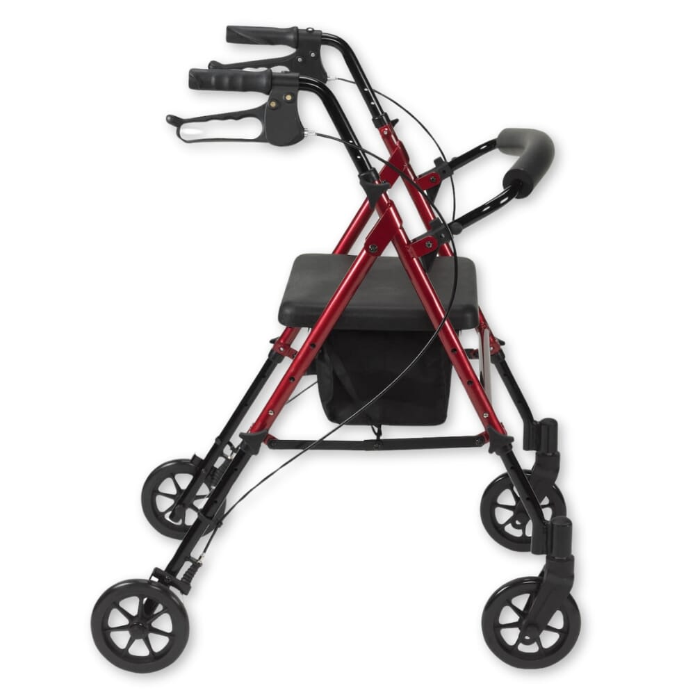 rollator with height adjustable seat red side