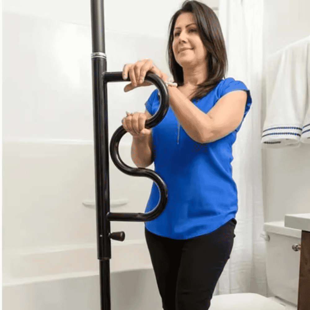 security pole curve grab bar in black in bathroom
