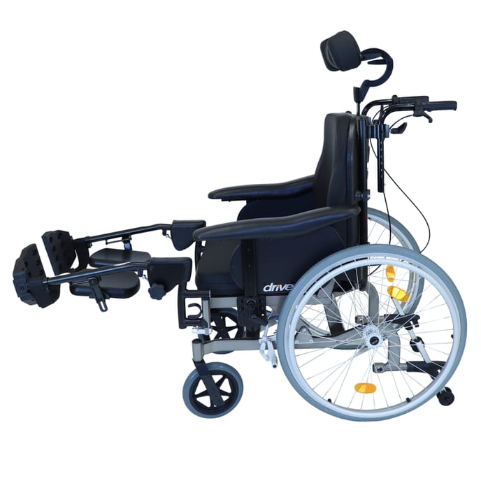 self propel tilt padded wheelchair showing raised feet