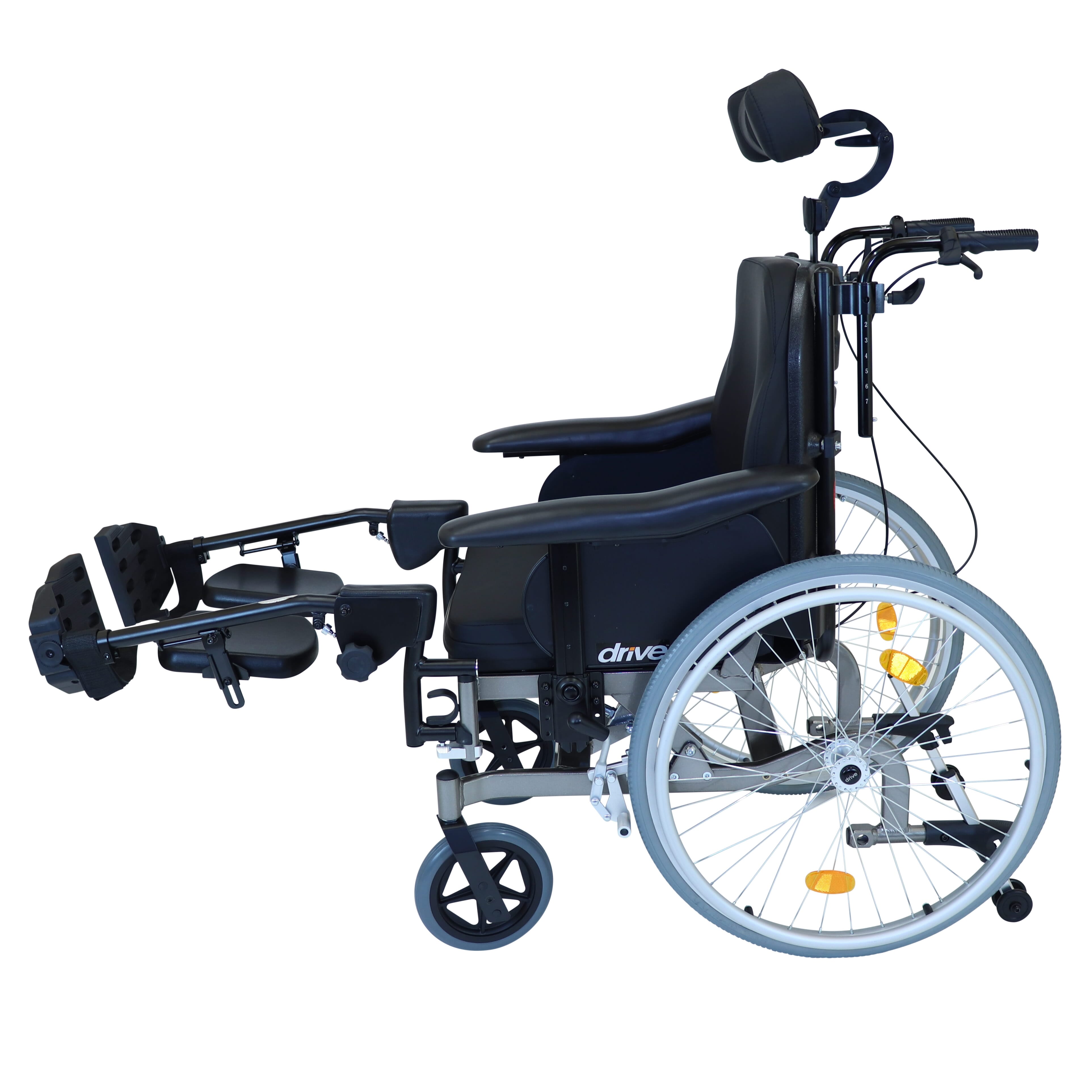 self propel tilt padded wheelchair showing raised feet