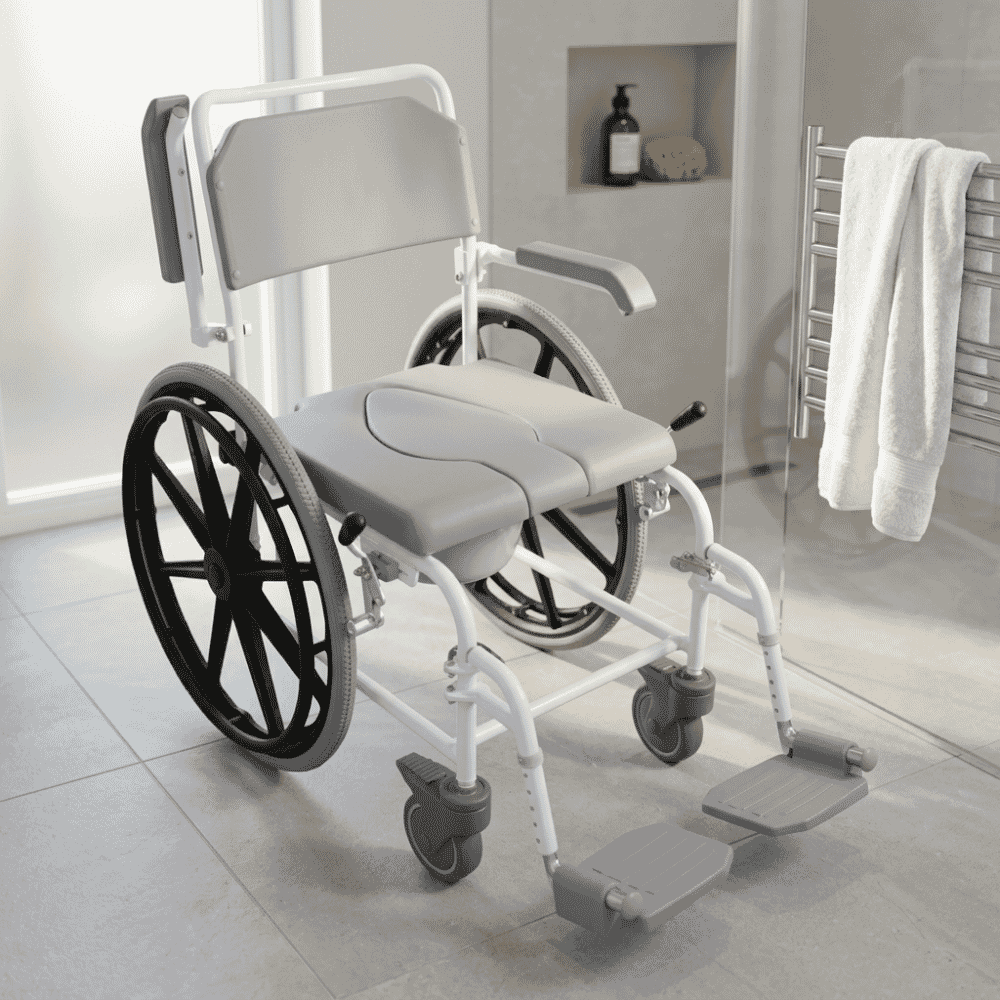 self propelled commode and shower chair in situ