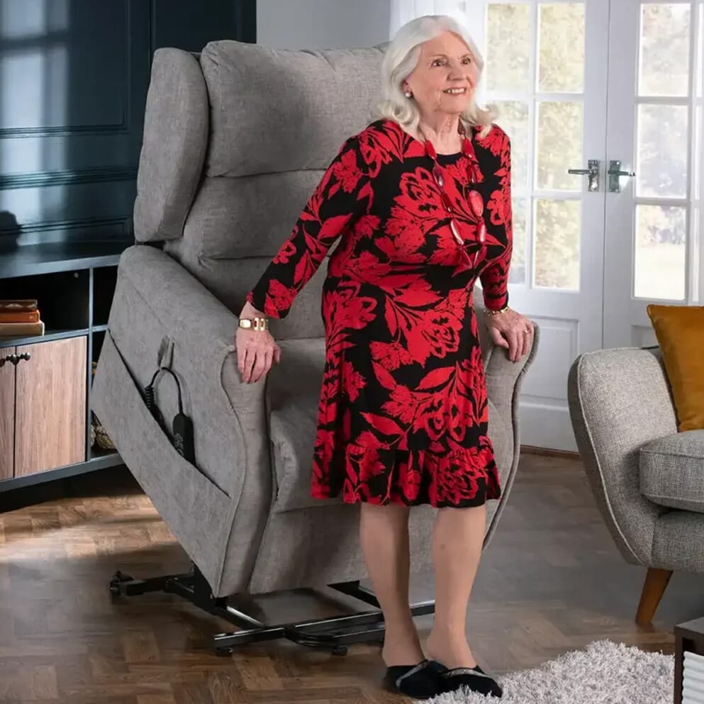 serenita luxury compact rise and recline chair standing up