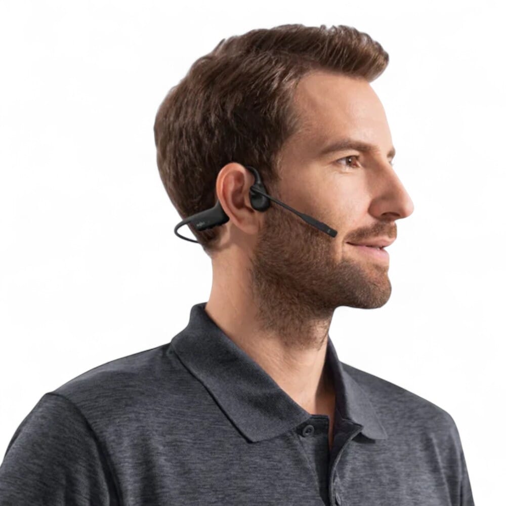 shokz opencomm2 headset in use