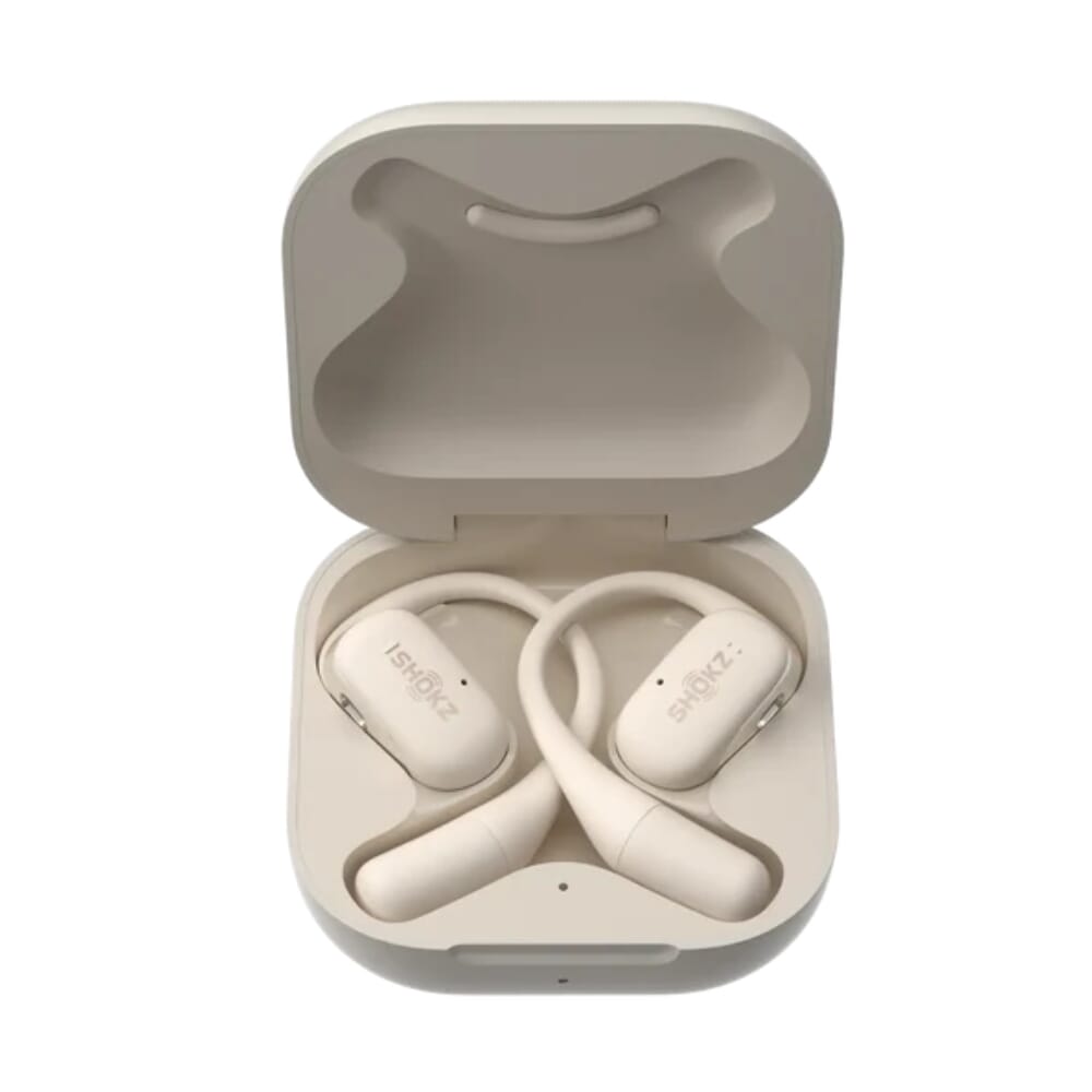 shokz openfit earbuds beige charging case