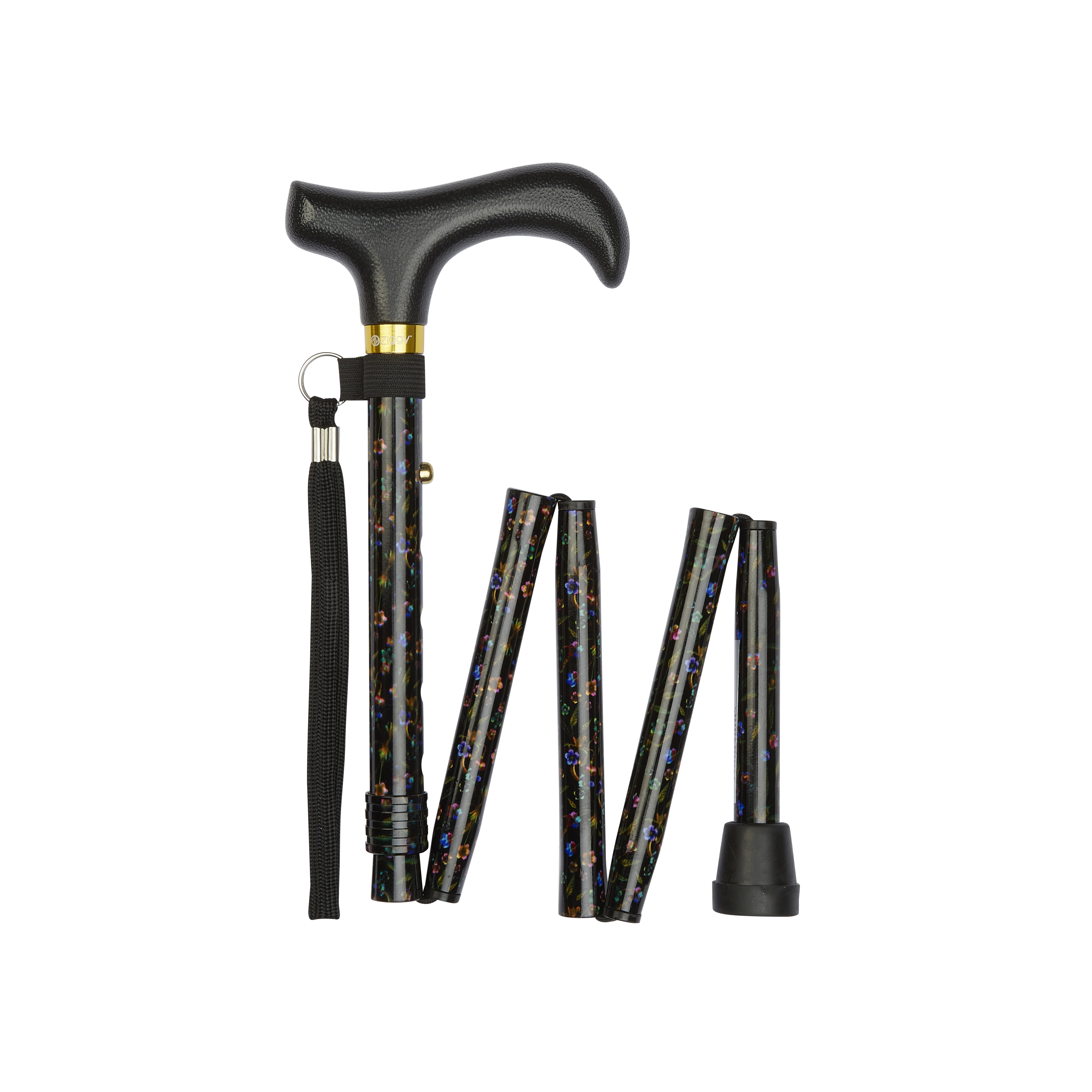 short folding walking stick black floral pattern