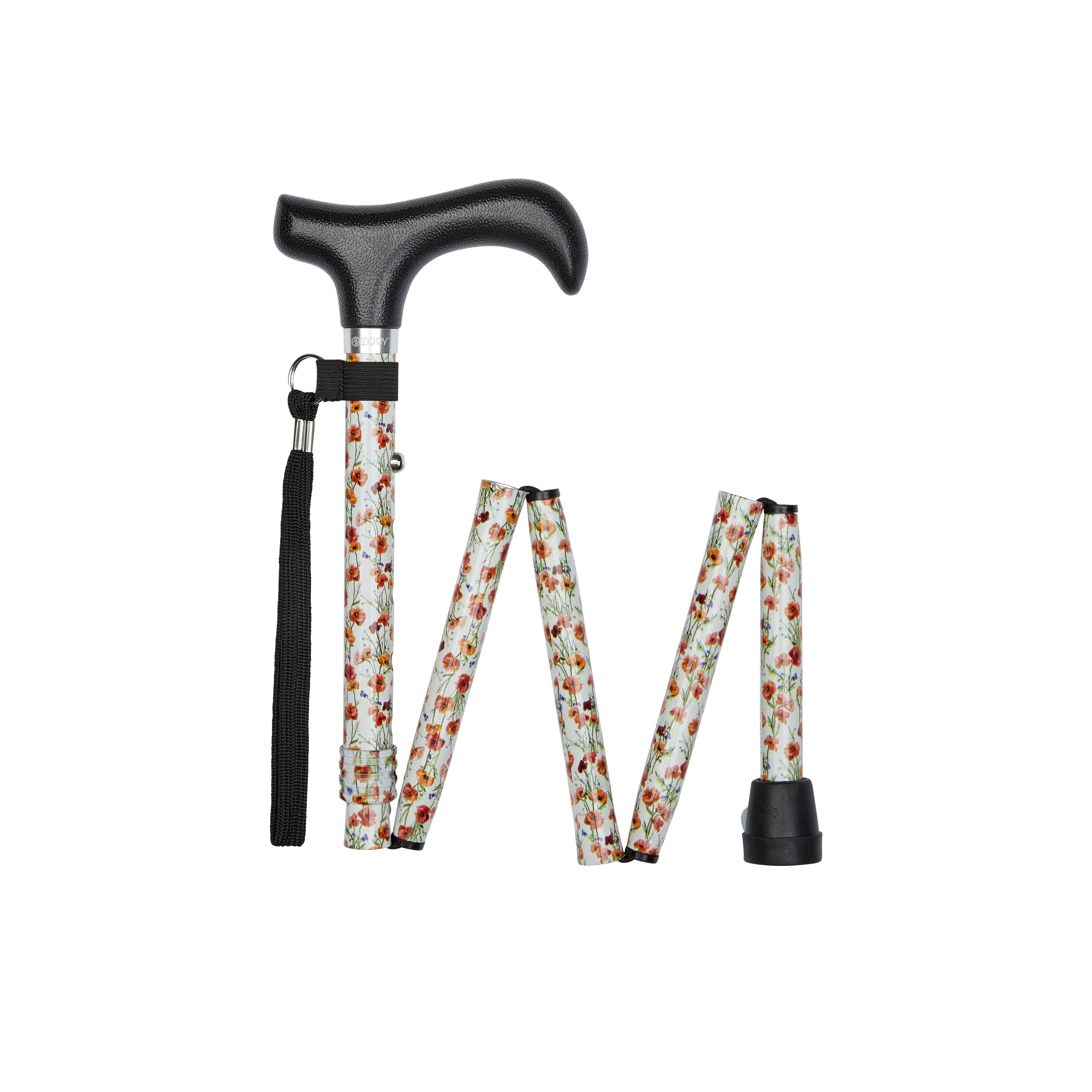 short folding walking stick poppies pattern