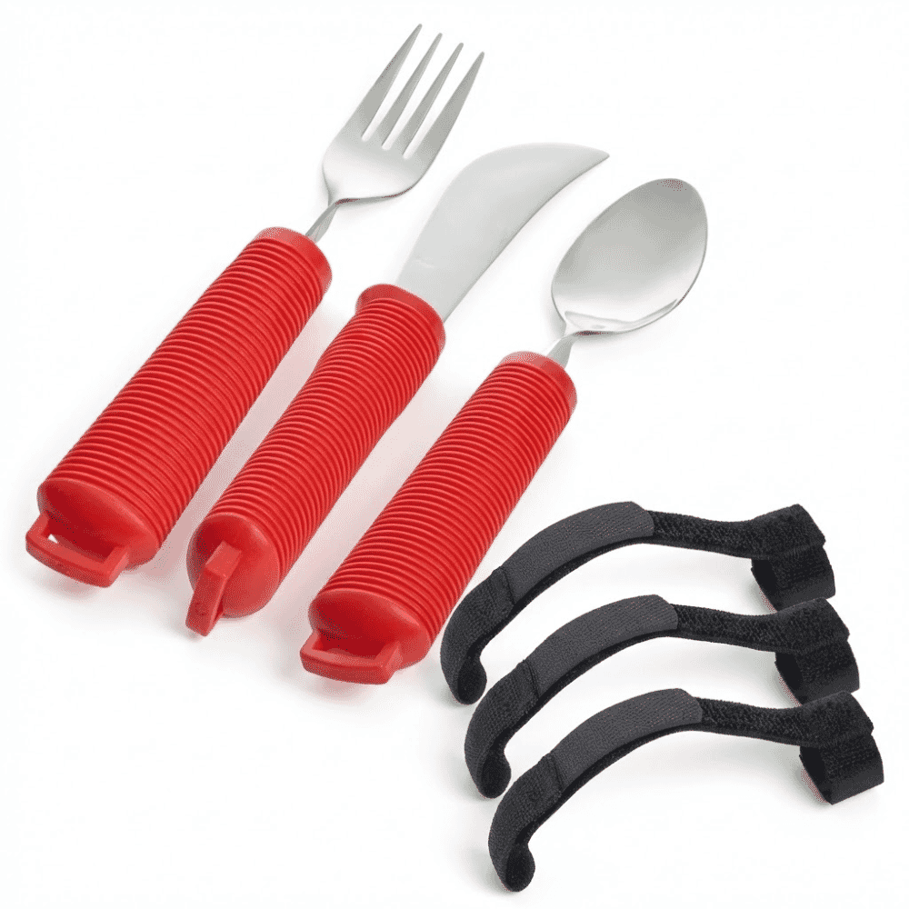 six piece cutlery set with straps red