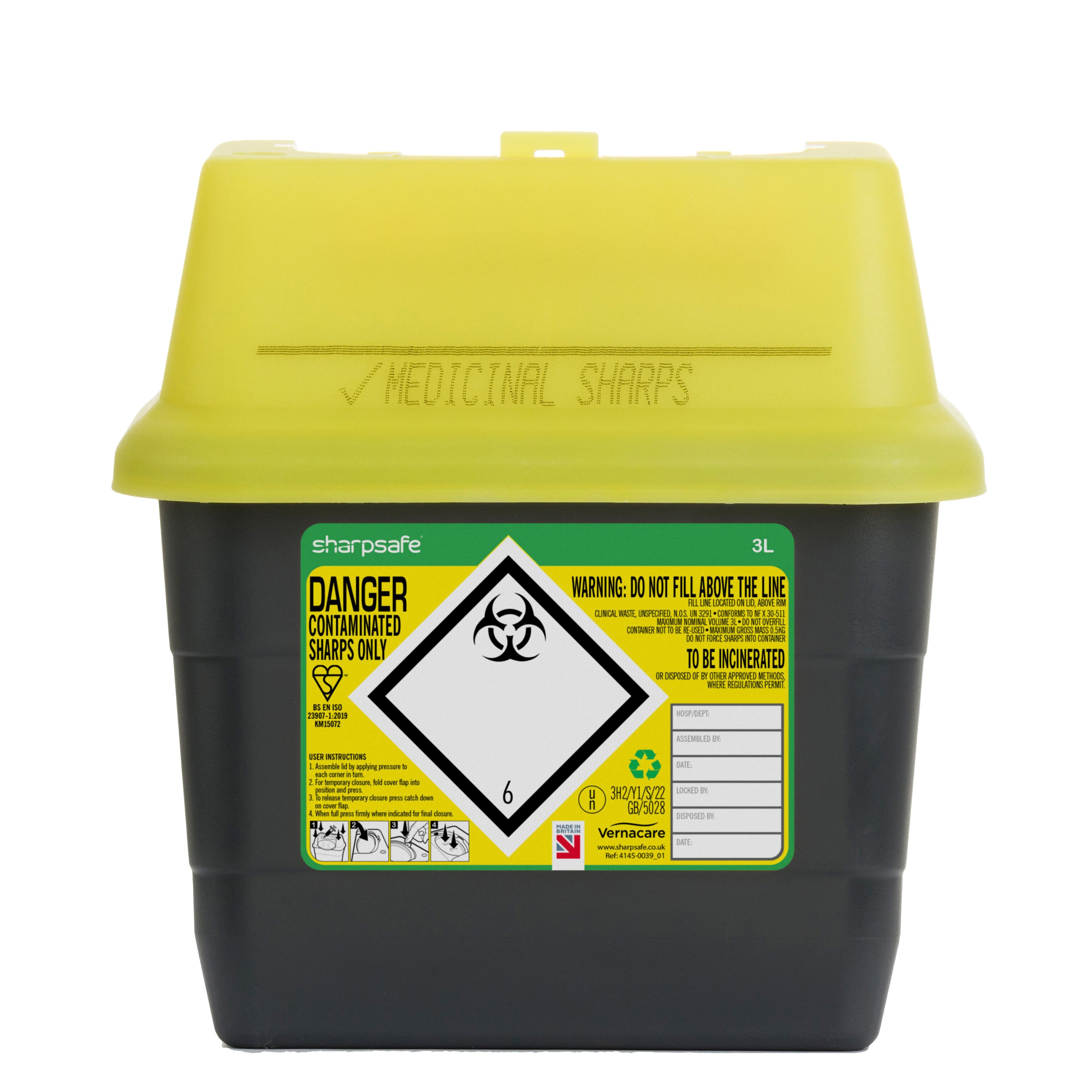small sharps bin 3 litre front