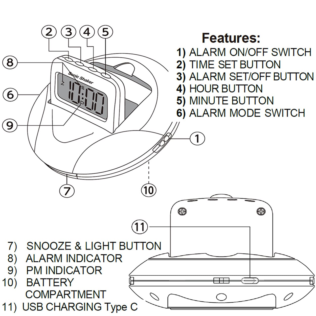 sonic go anywhere shaker portable alarm clock sbp200 diagram