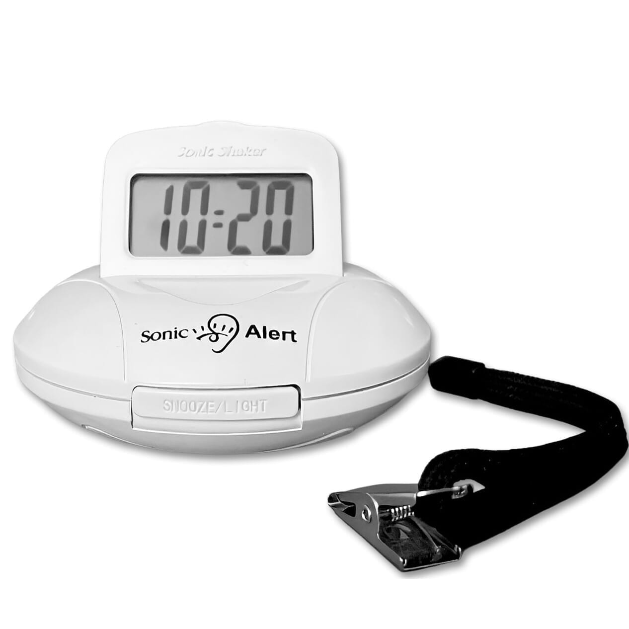 sonic go anywhere shaker portable alarm clock shown with pillow clasp