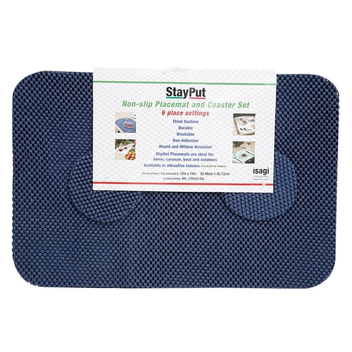 stayput non slip fabric tablemat and coaster set of six indigo blue