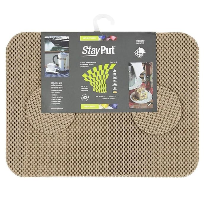 stayput non slip fabric tablemat and coaster set of six taupe