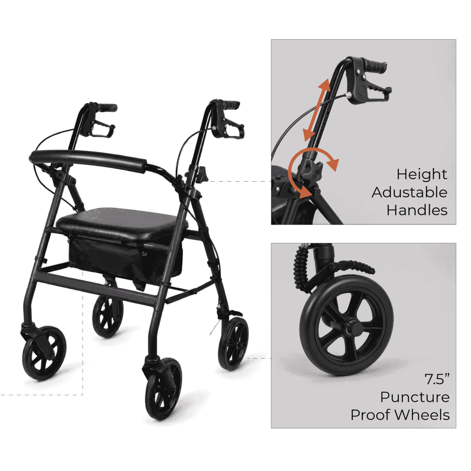 steel rollator with seat adjustable