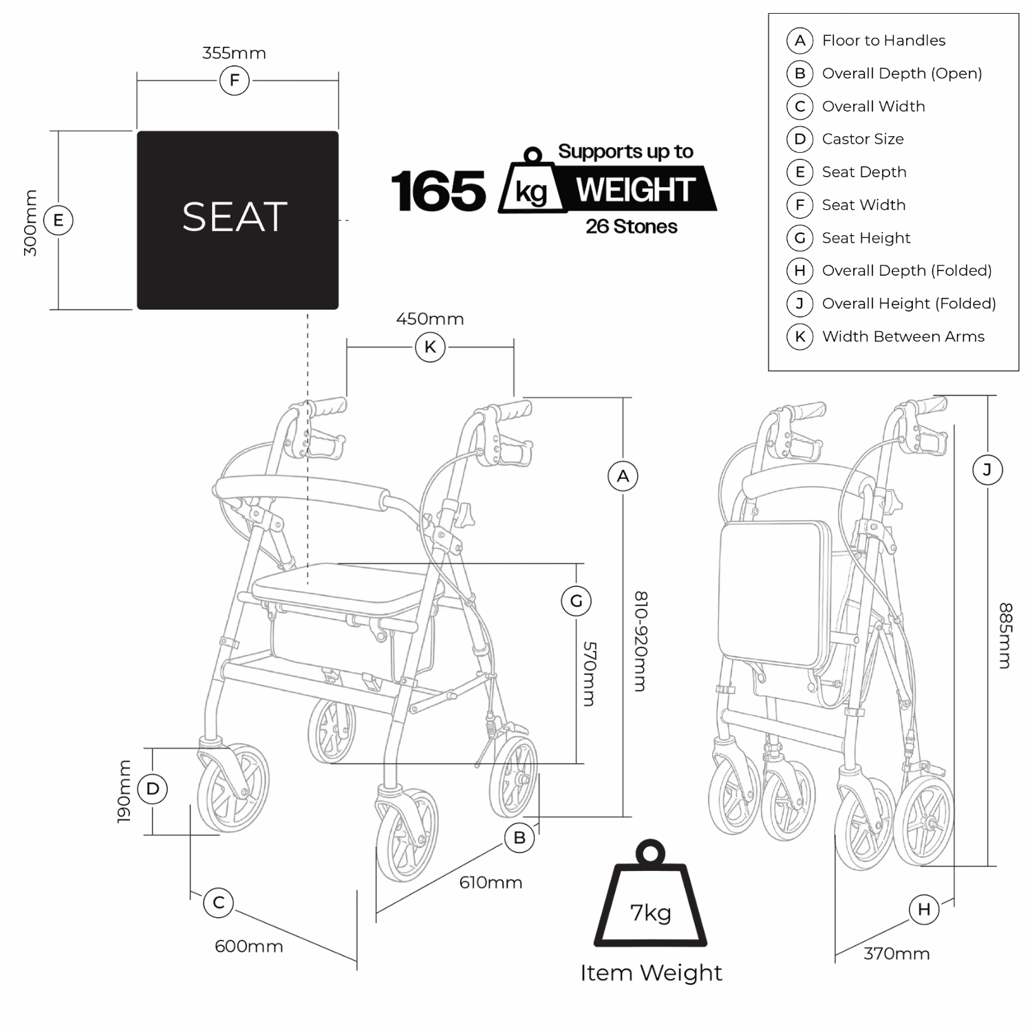 steel rollator with seat dimensions