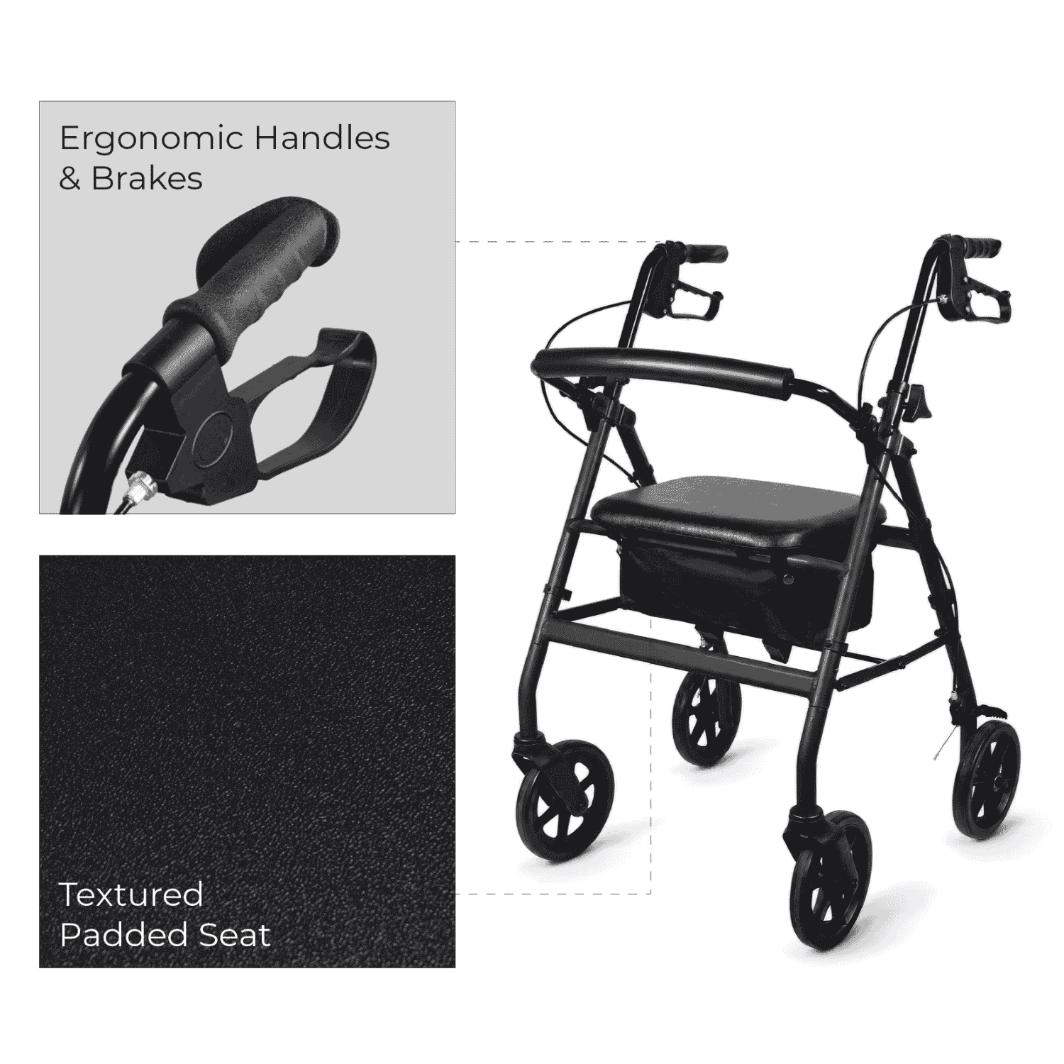 steel rollator with seat features