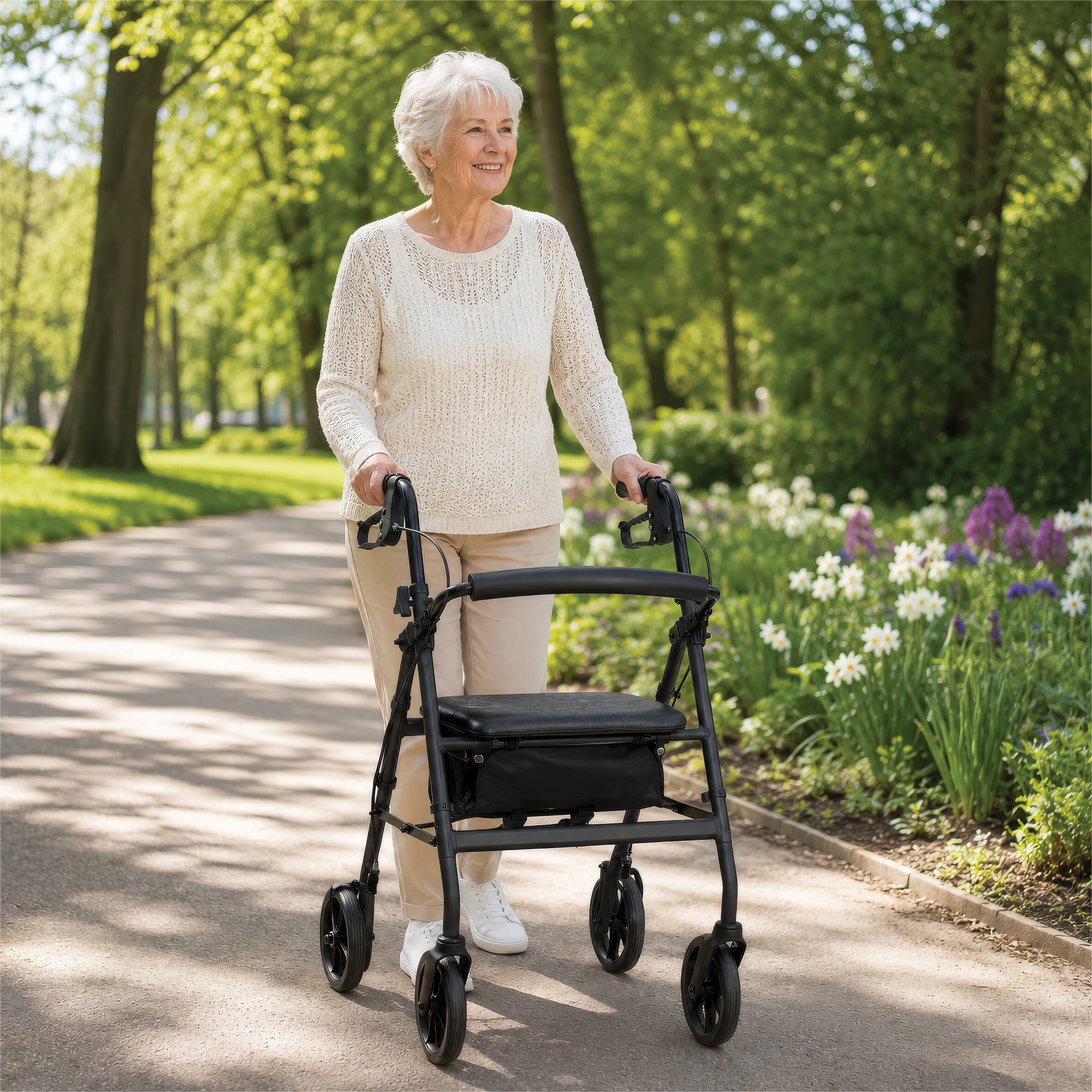 steel rollator with seat in use