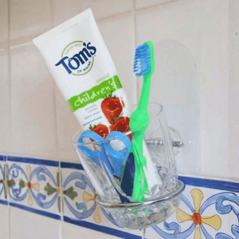 stick n stay bathroom hook set tooth brush cup in use
