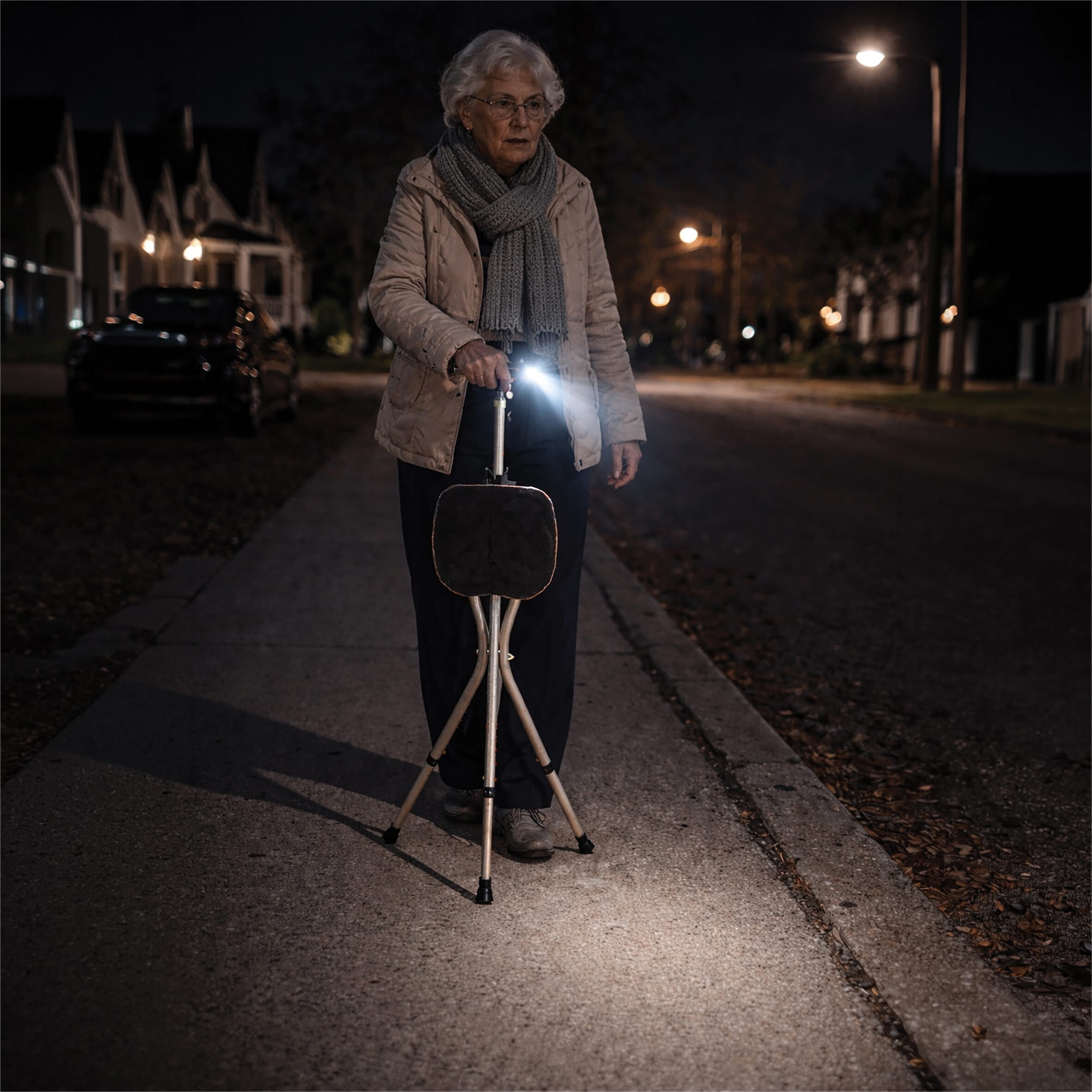 stick seat with torch in use at night