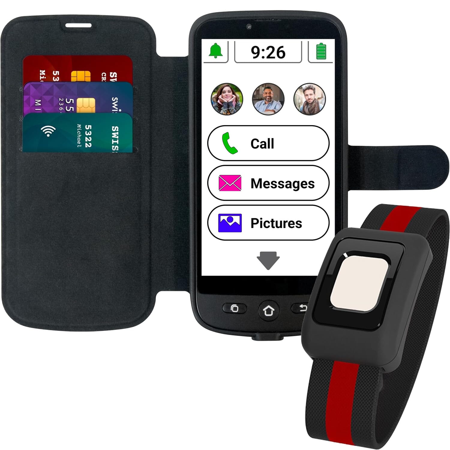 swissvoice smartphone with magnetic charging cable with bracelet and wallet