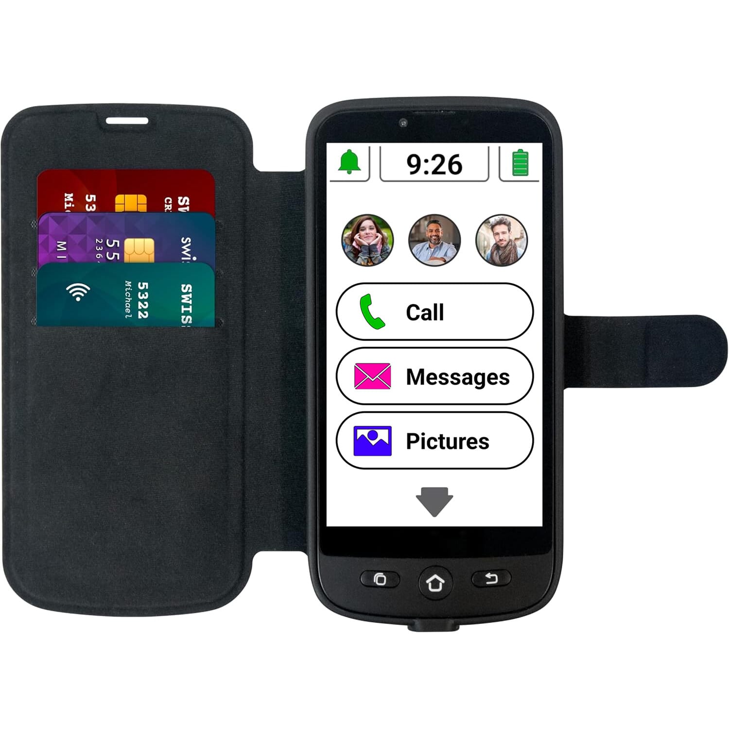 swissvoice smartphone with magnetic charging cable with credit card wallet