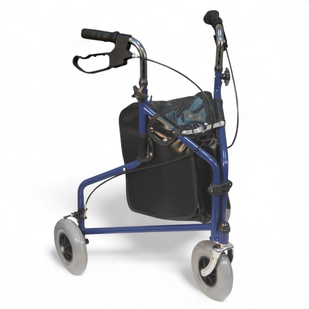 three wheeled steel walker blue