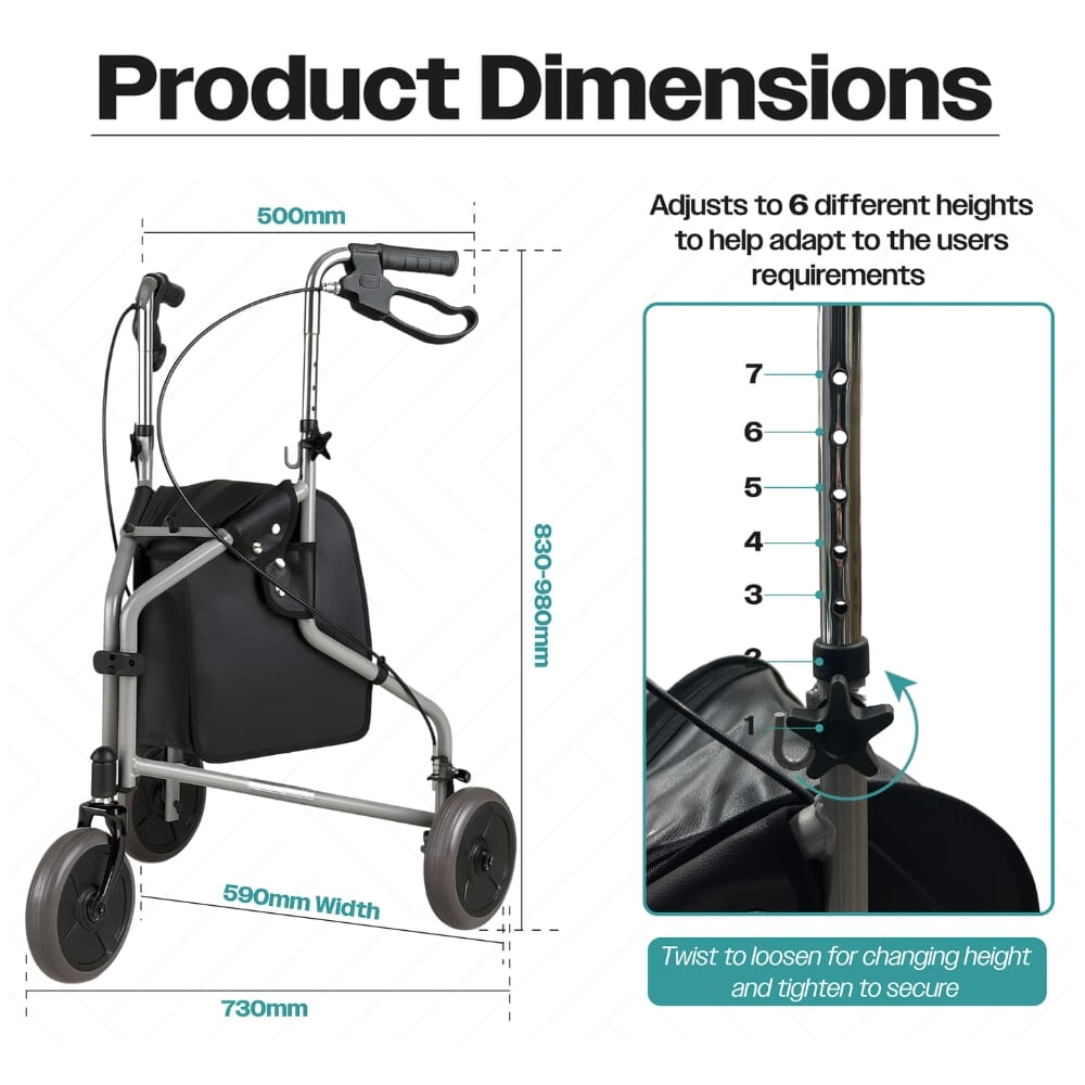 three wheeled walker silver dimensions