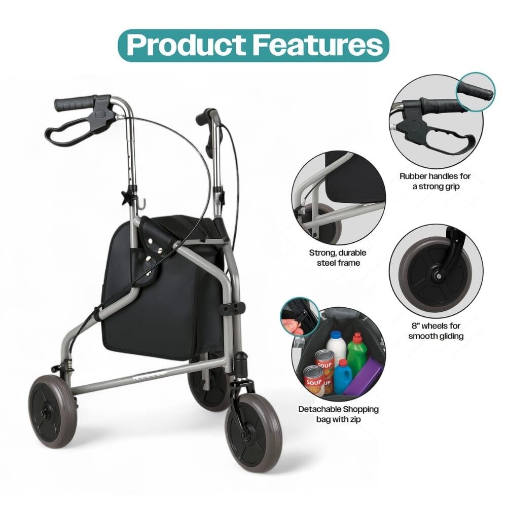 three wheeled walker silver features