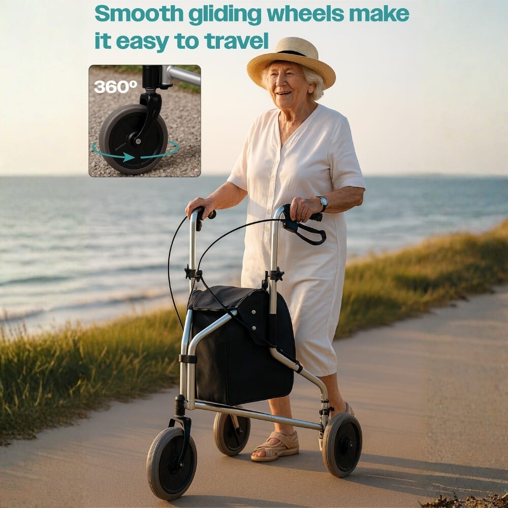 three wheeled walker silver in use