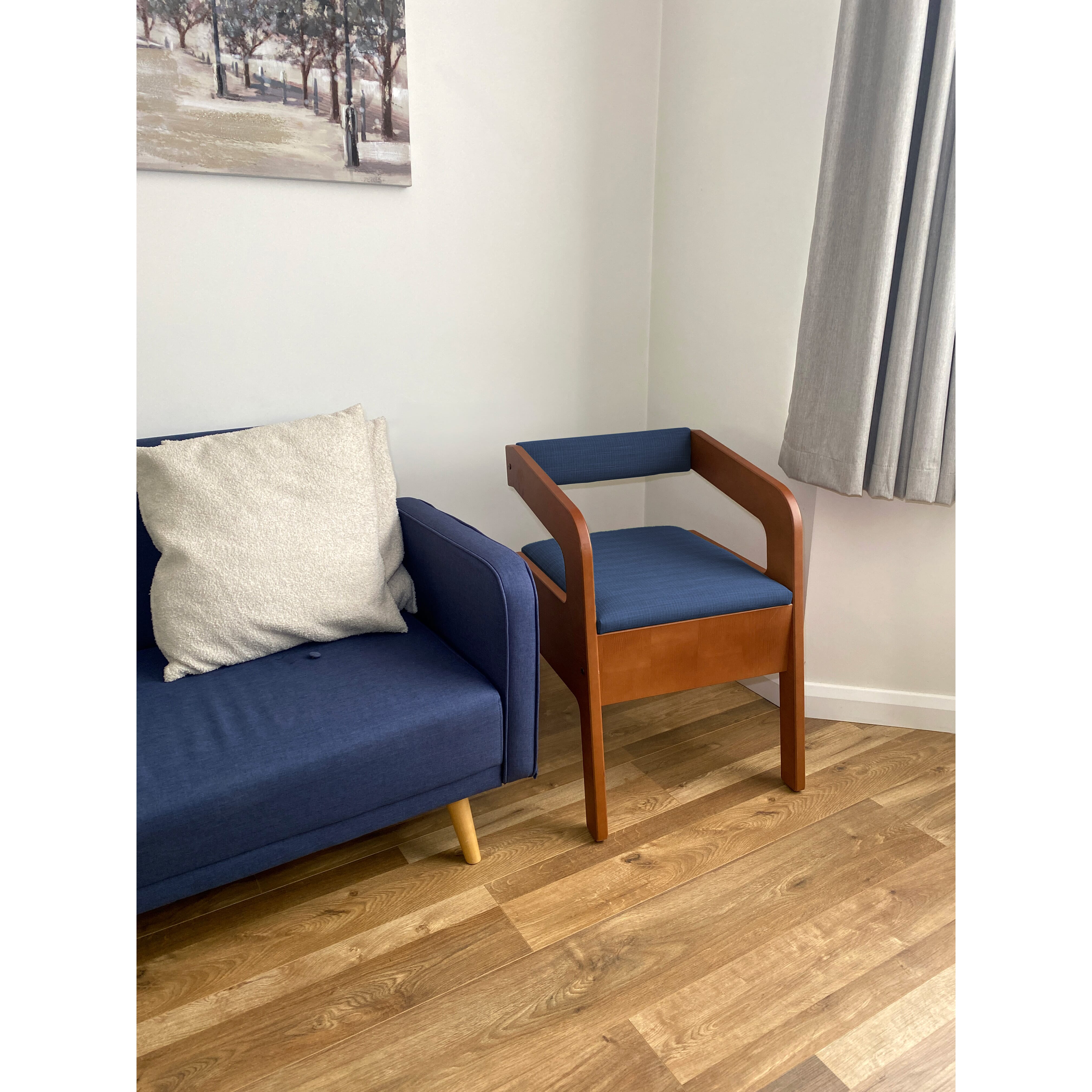 timberry scandi commode walnut frame blue upholstery 2