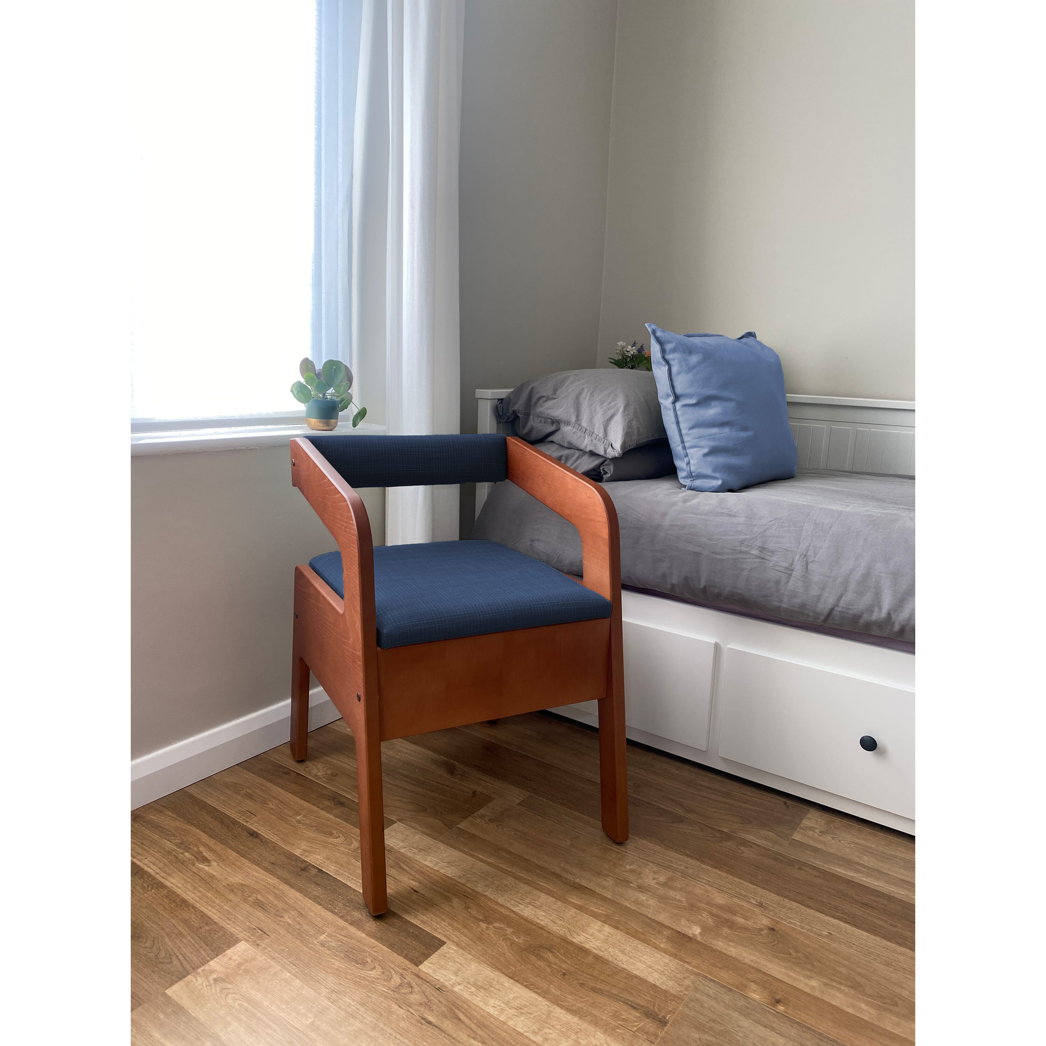 timberry scandi commode walnut frame blue upholstery 4