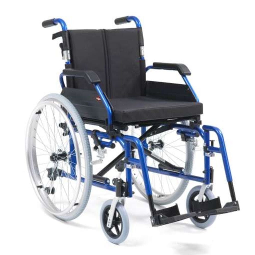 View Enigma XS Aluminium Wheelchair TRANSIT 18 BLUE SOLID TYRES information