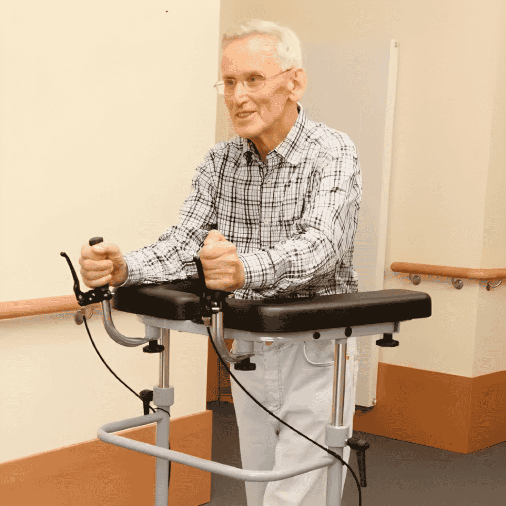 trio height adjustable walking frame in use