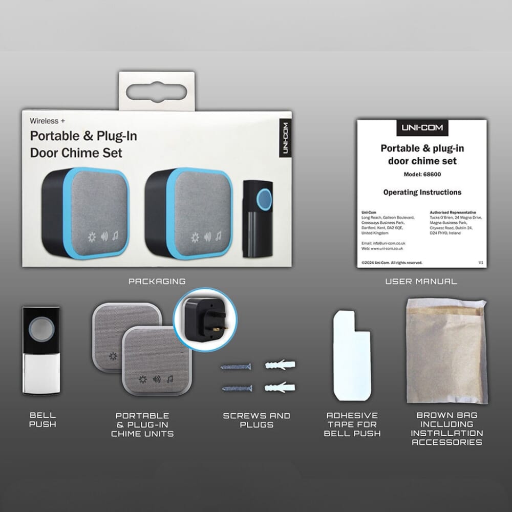 uni com portable and plug in door chime set black whats in the box