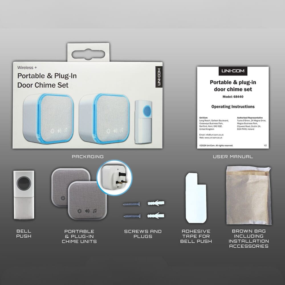 uni com portable and plug in door chime set in the box