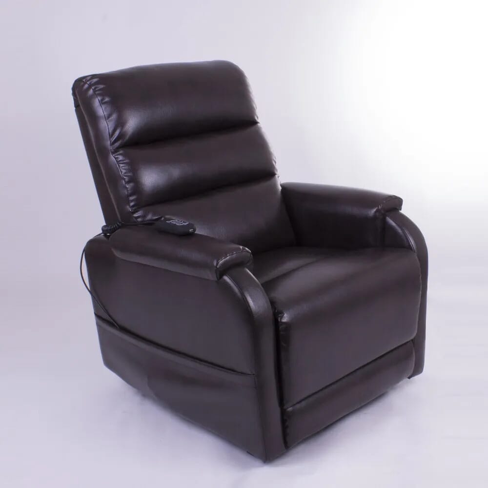 wendover petite dual motor lift chair brown vinyl footrest stowed