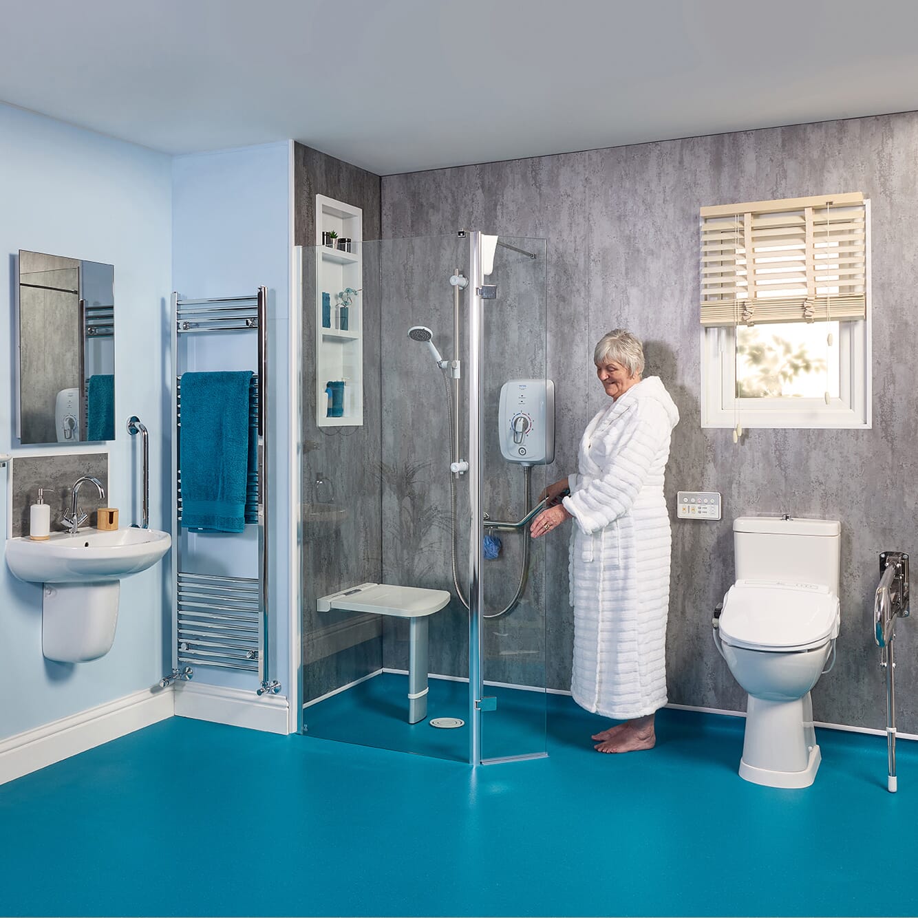 wet room with blue floor