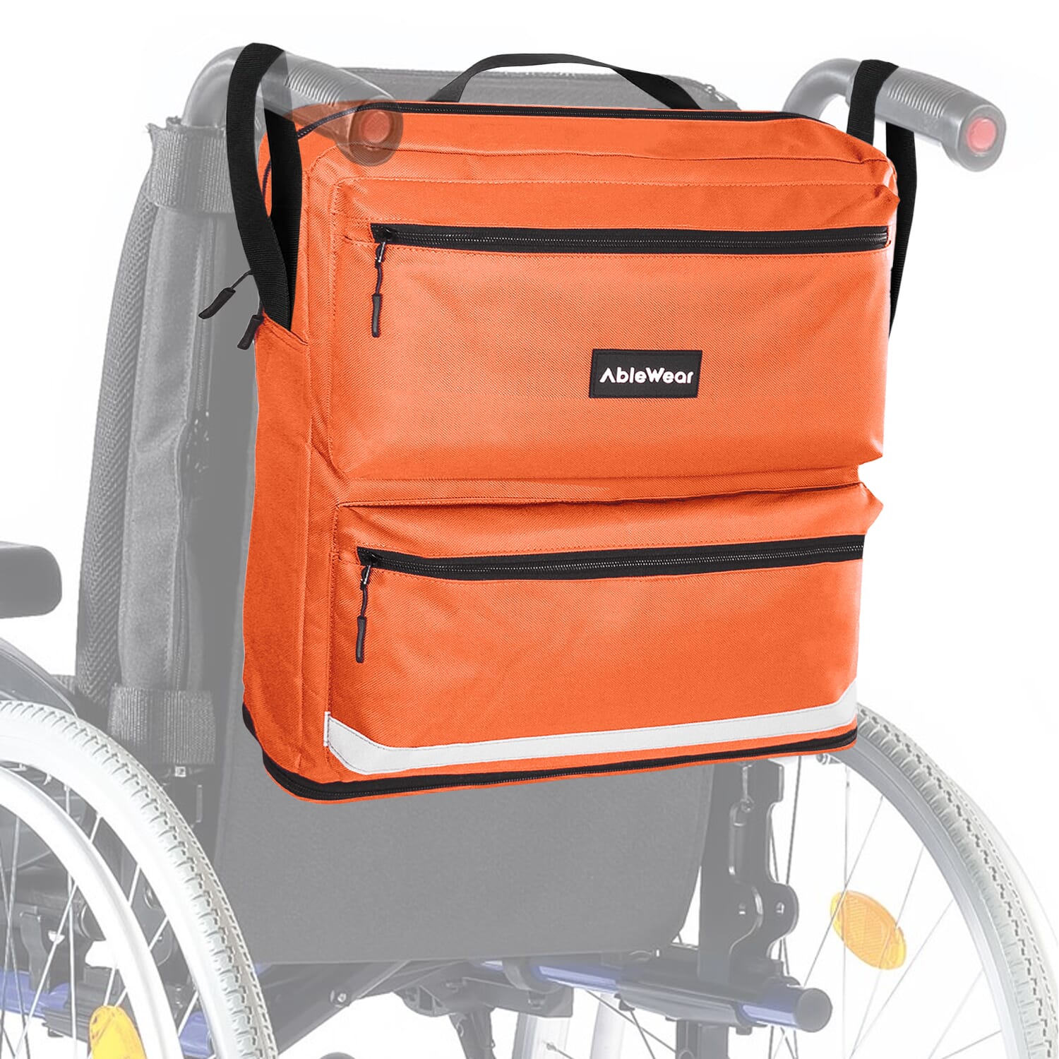 wheelchair bag black orange on wheelchair