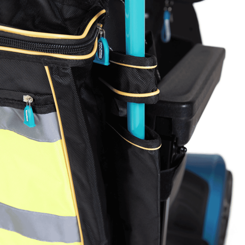 wheelchair bag with crutch holders close up