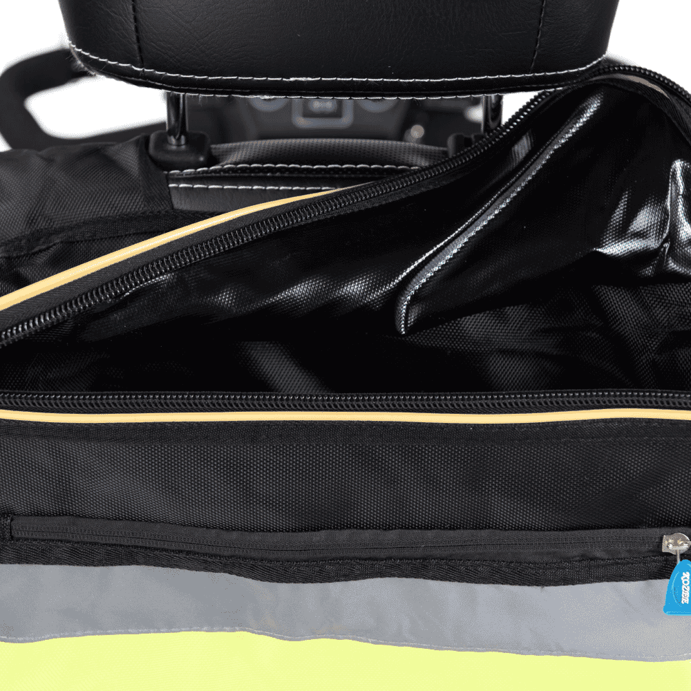 wheelchair bag with crutch holders main zip open