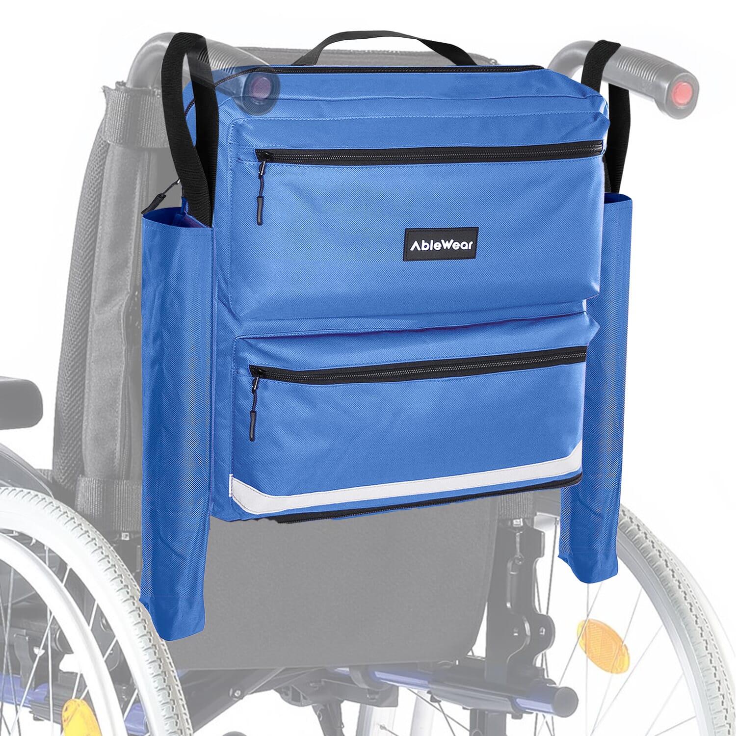 wheelchair bag with crutch pockets blue on wheelchair